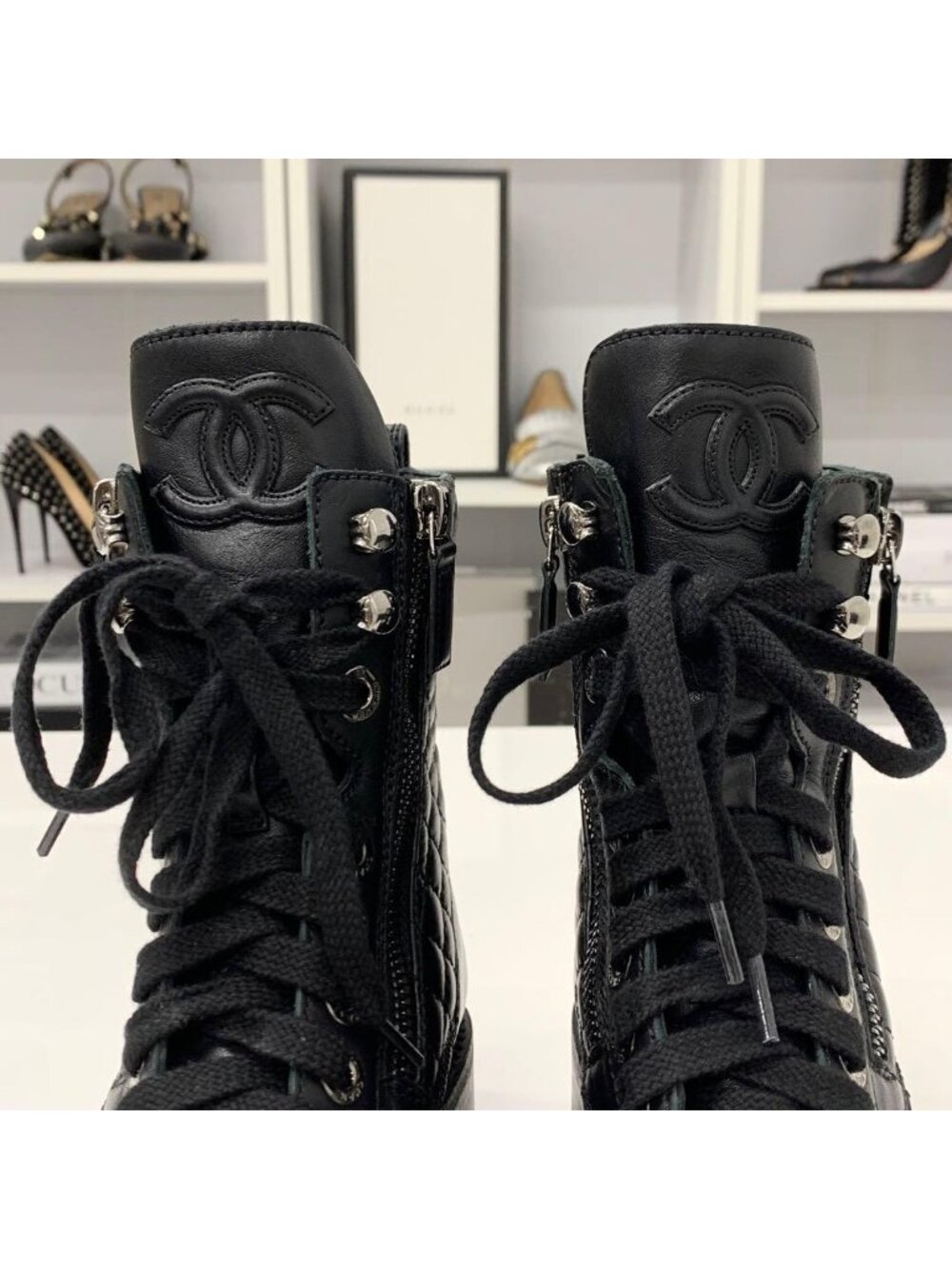 Chanel Quilted Coco Mark Leather Lace Up Short Boots - Picture 10 of 10